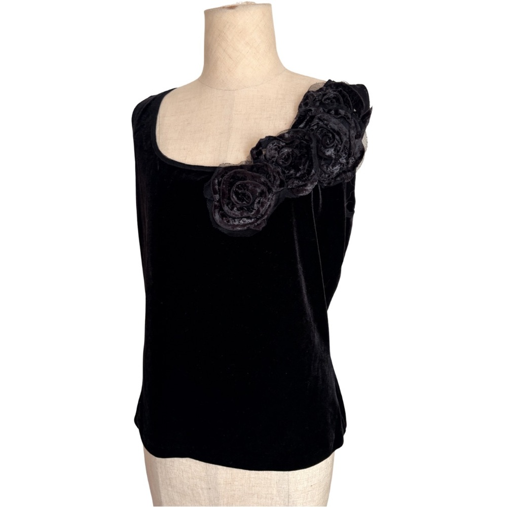 VTG Black Velvet Mesh Trim Floral Appliqué Tank Top Sz M Y2K Whimsigoth